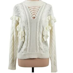 Torn by Ronny Kobo Ivory Cable Knit Lace-Up Sweater Ruffle Detail Women's Small